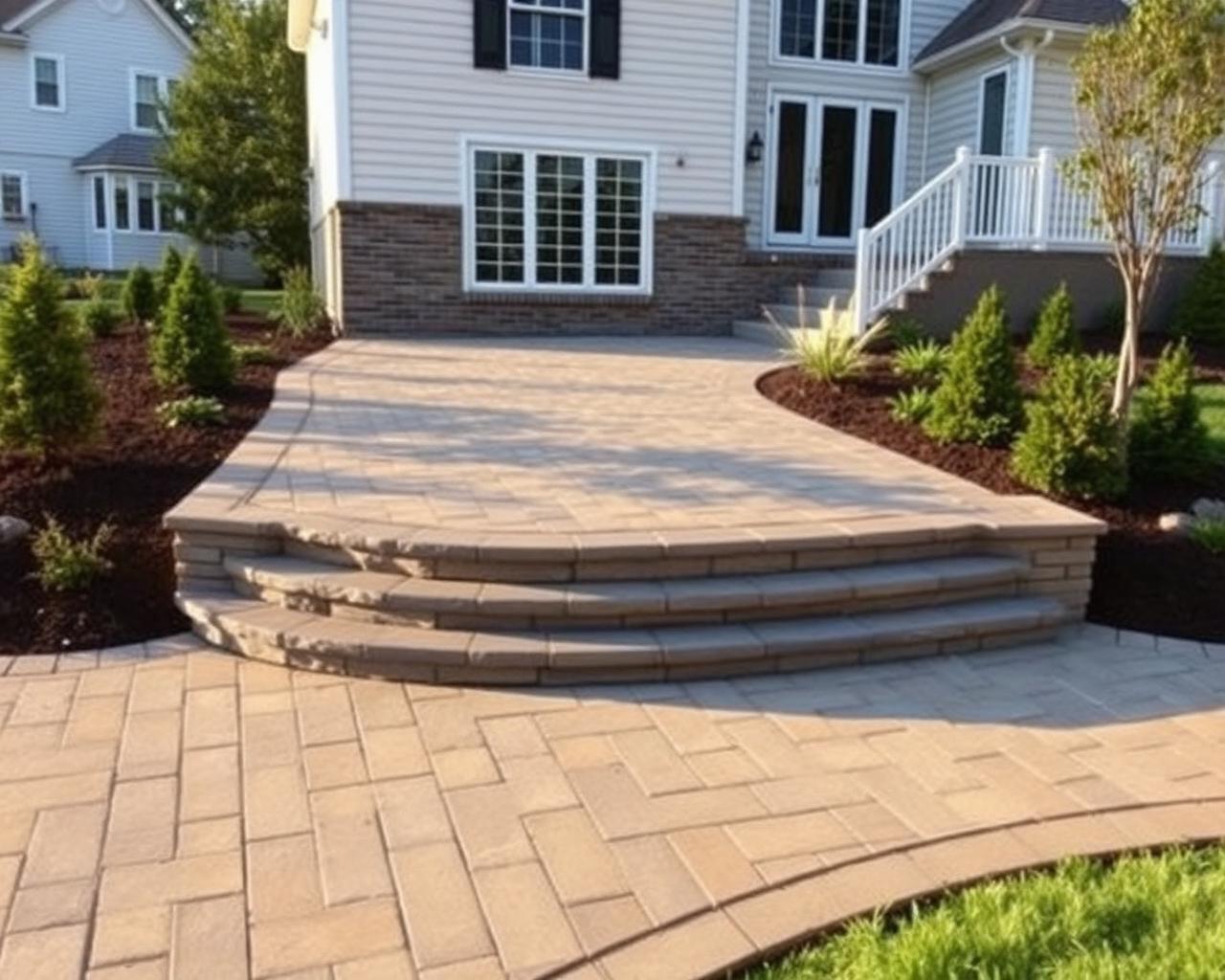 Paver patio and stone steps at the back of a home