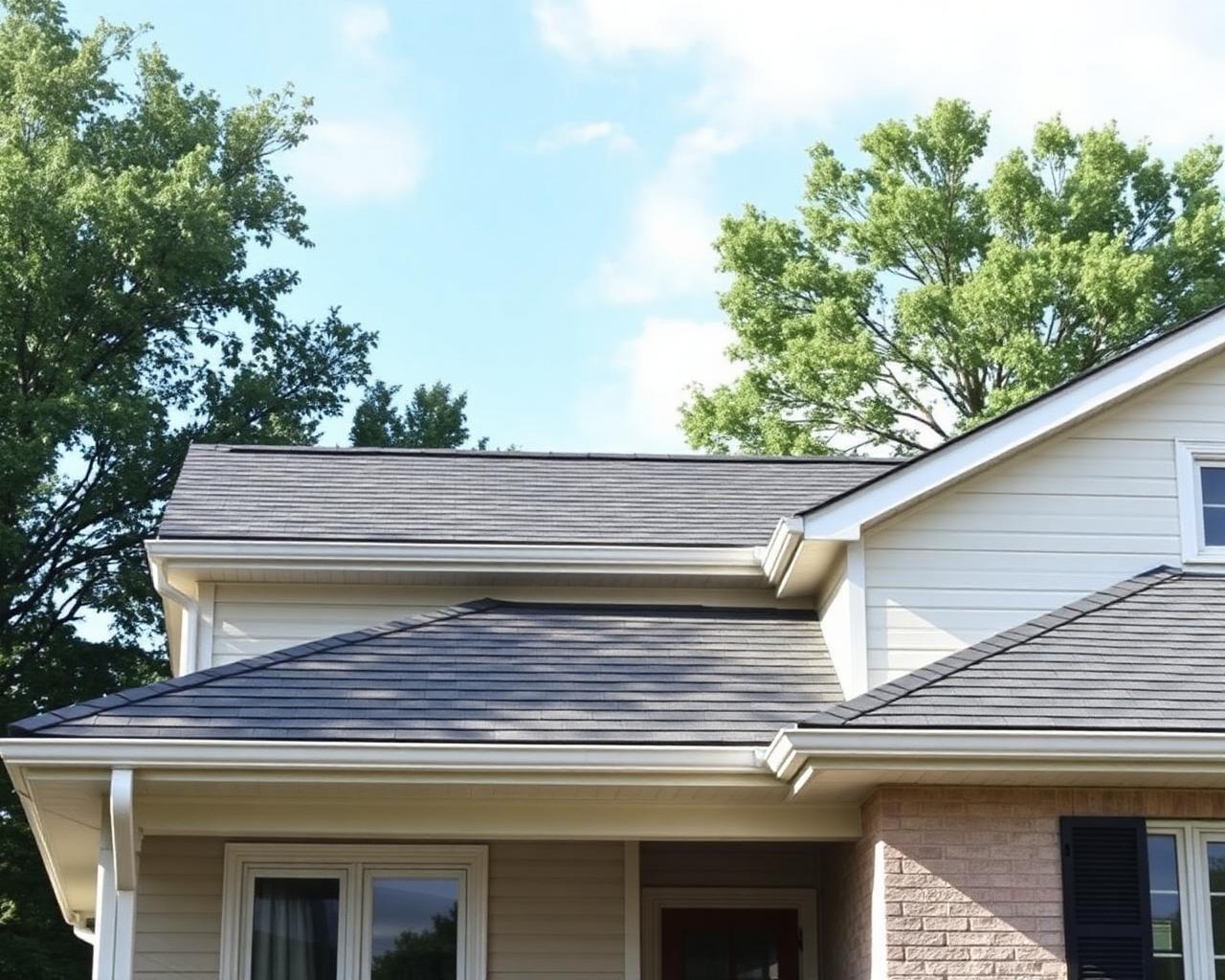 Home exterior with new asphalt shingle roof and gutters